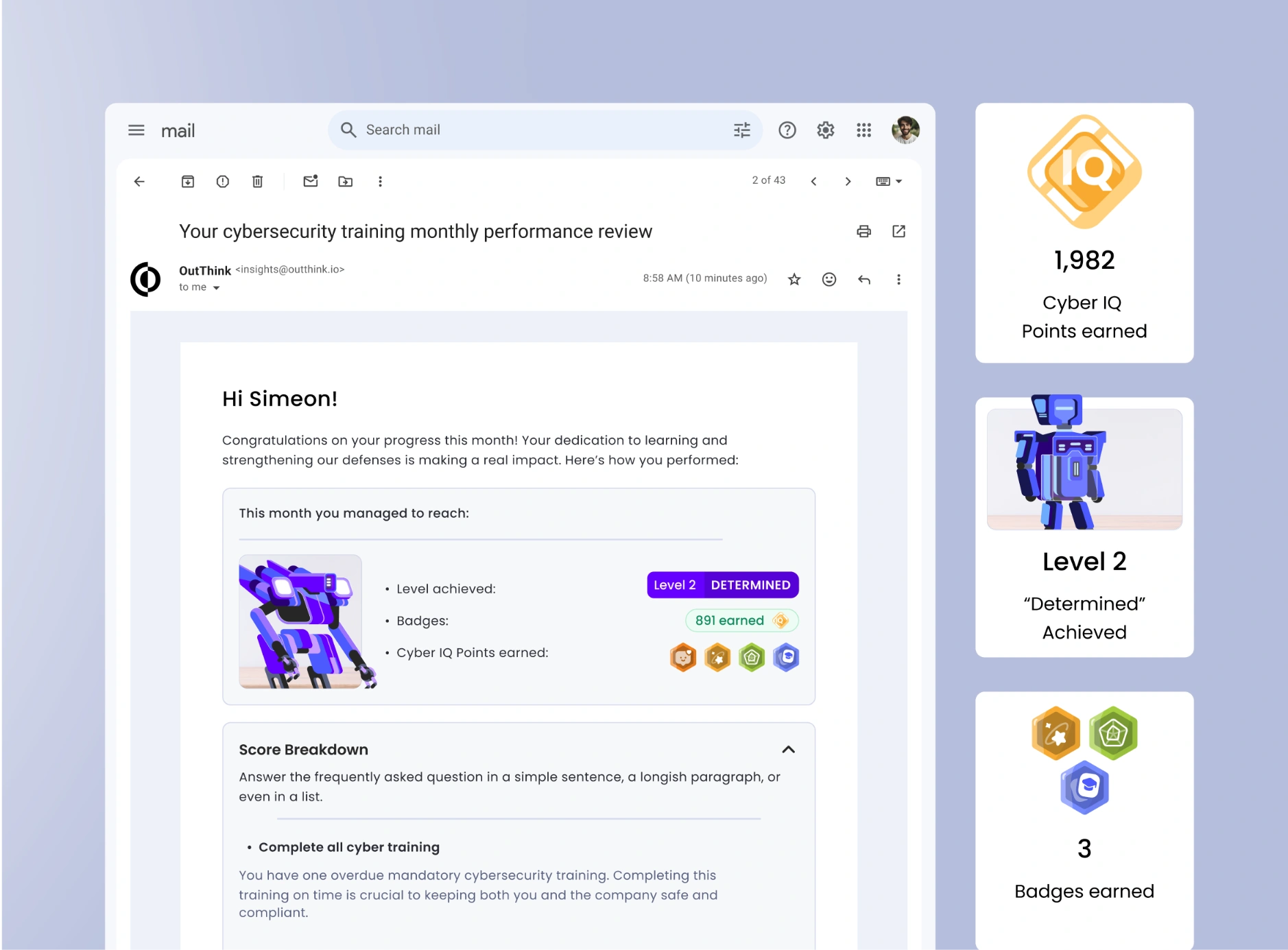 OutThink’s CyberIQ performance summary reports with user engagement snapshots, scores, and achievements for periodic reviews.